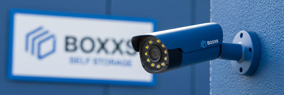 Modern CCTV security camera with Boxxs Self Storage logo at the Linlithgow site, ensuring 24/7 protection for Falkirk and West Lothian customers