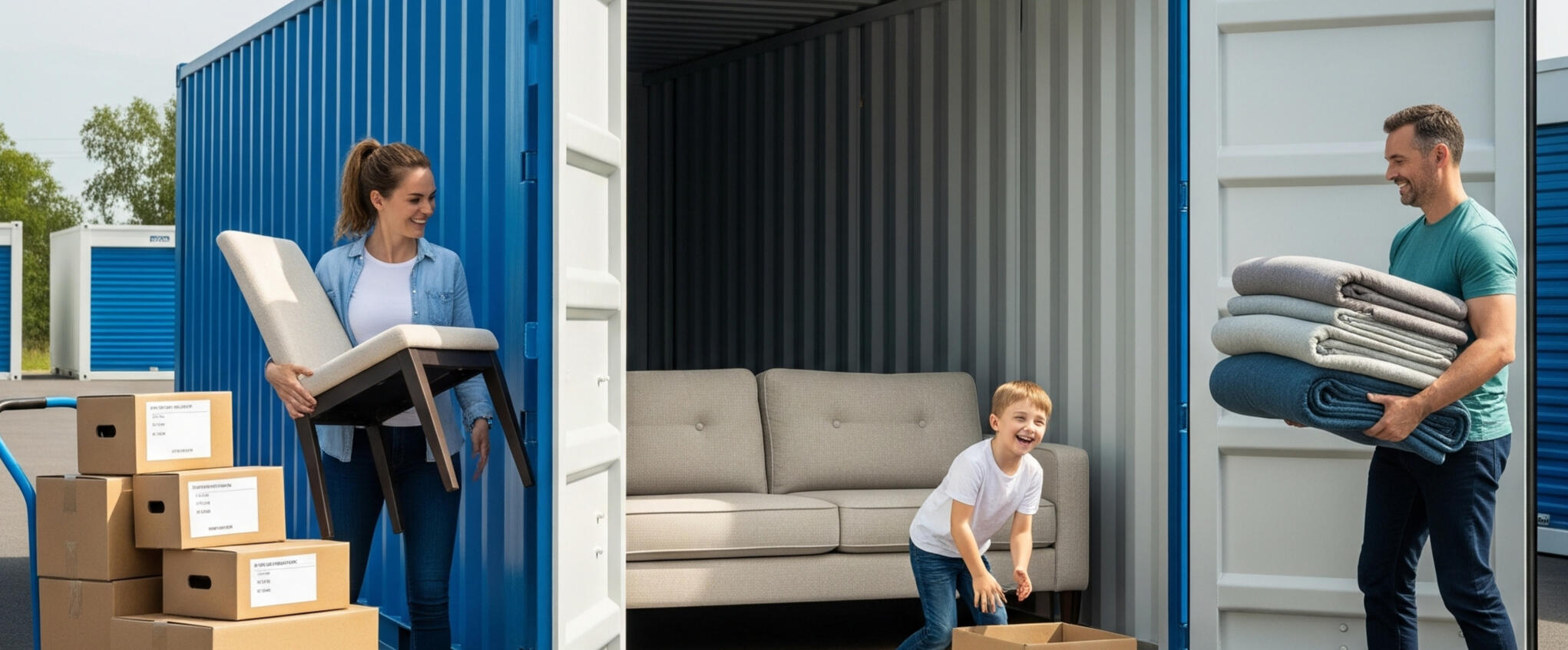 Family unloading household goods into a Boxxs self storage container at Linlithgow, offering secure and flexible storage for Falkirk and West Lothian customers